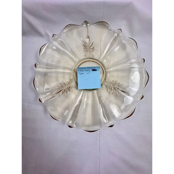 Vintage Amber Glass Scalloped Edge Dessert Cake‎ Stand Tray Floral Etched Topaz - Picture 8 of 16